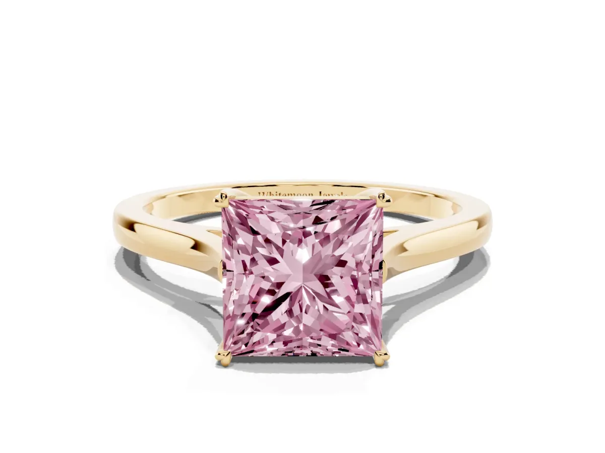 Fancy Pink Princess Cut Solitaire Heart Prong Engagement Ring with Tapered Band Yellow gold