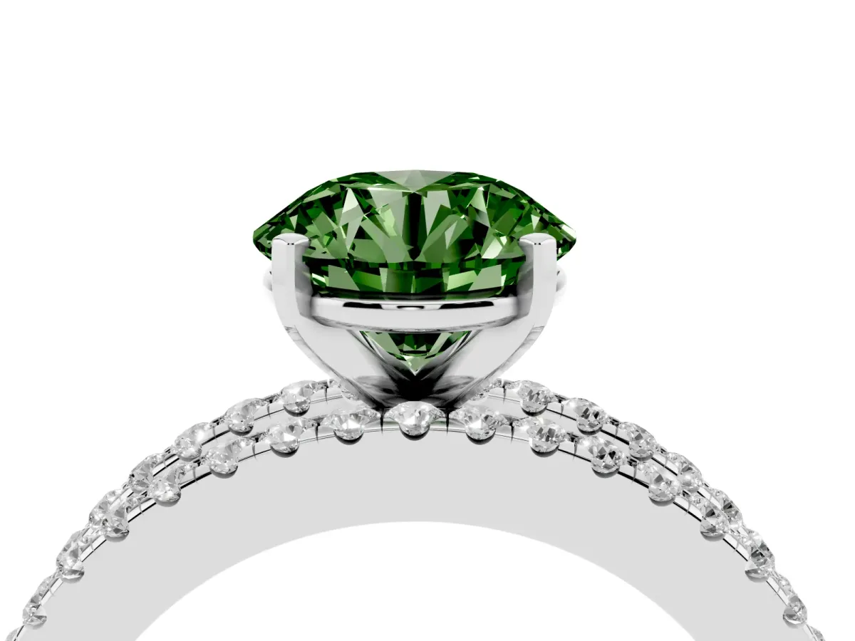 Fancy Green Round Cut Diamond Solitaire Ring with Pavé and Channel Set Band Silver