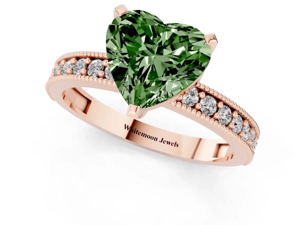 Fancy Green Heart Cut Diamond Milgrain Pavé Engagement Ring with Four-Prong Setting Rose gold