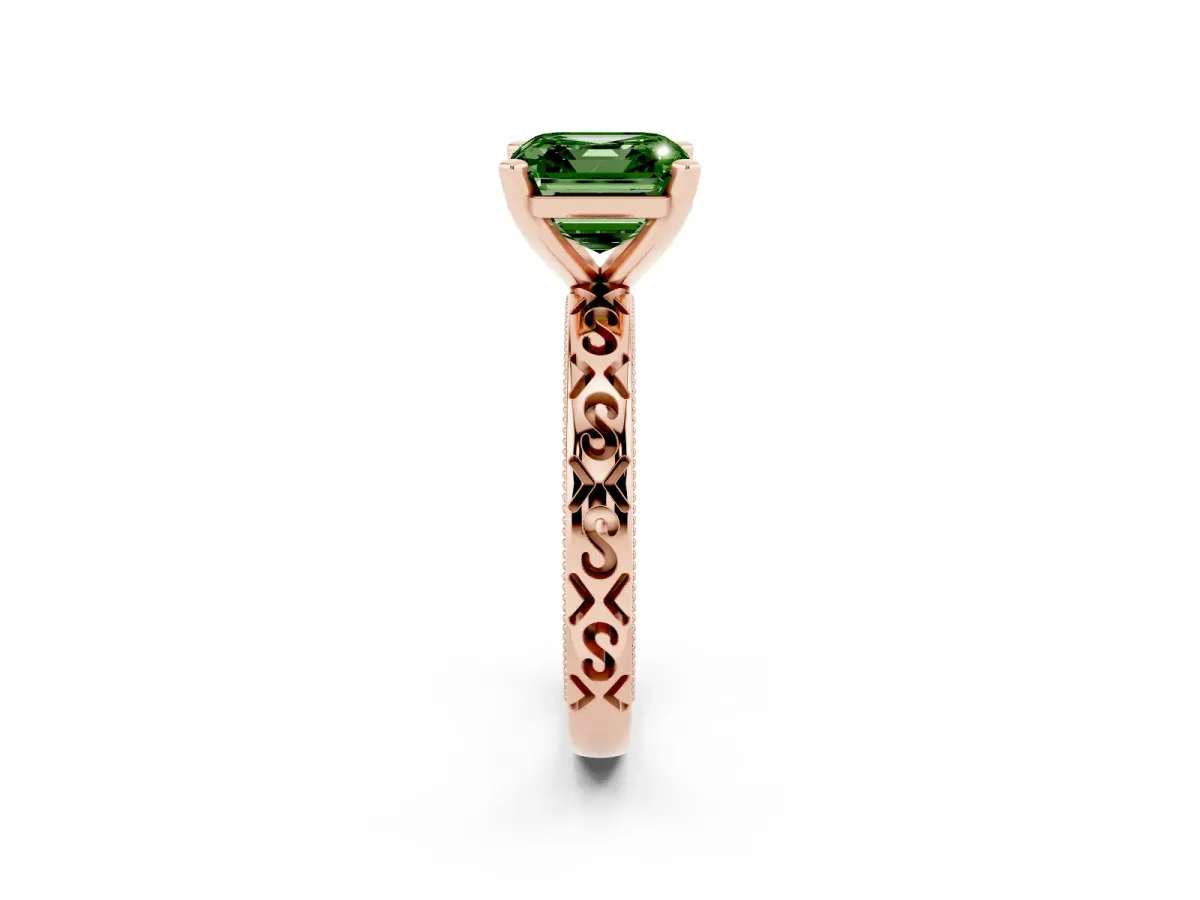 Fancy Green Asscher Cut Solitaire Engagement Ring with Scrollwork Band and Four-Prong Setting Rose gold
