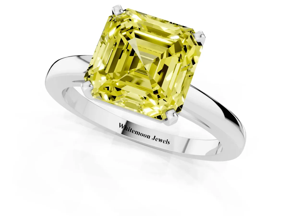 Fancy Yellow Asscher Cut Solitaire Diamond Engagement Ring with Four-Prong Setting on a Classic Band Platinum