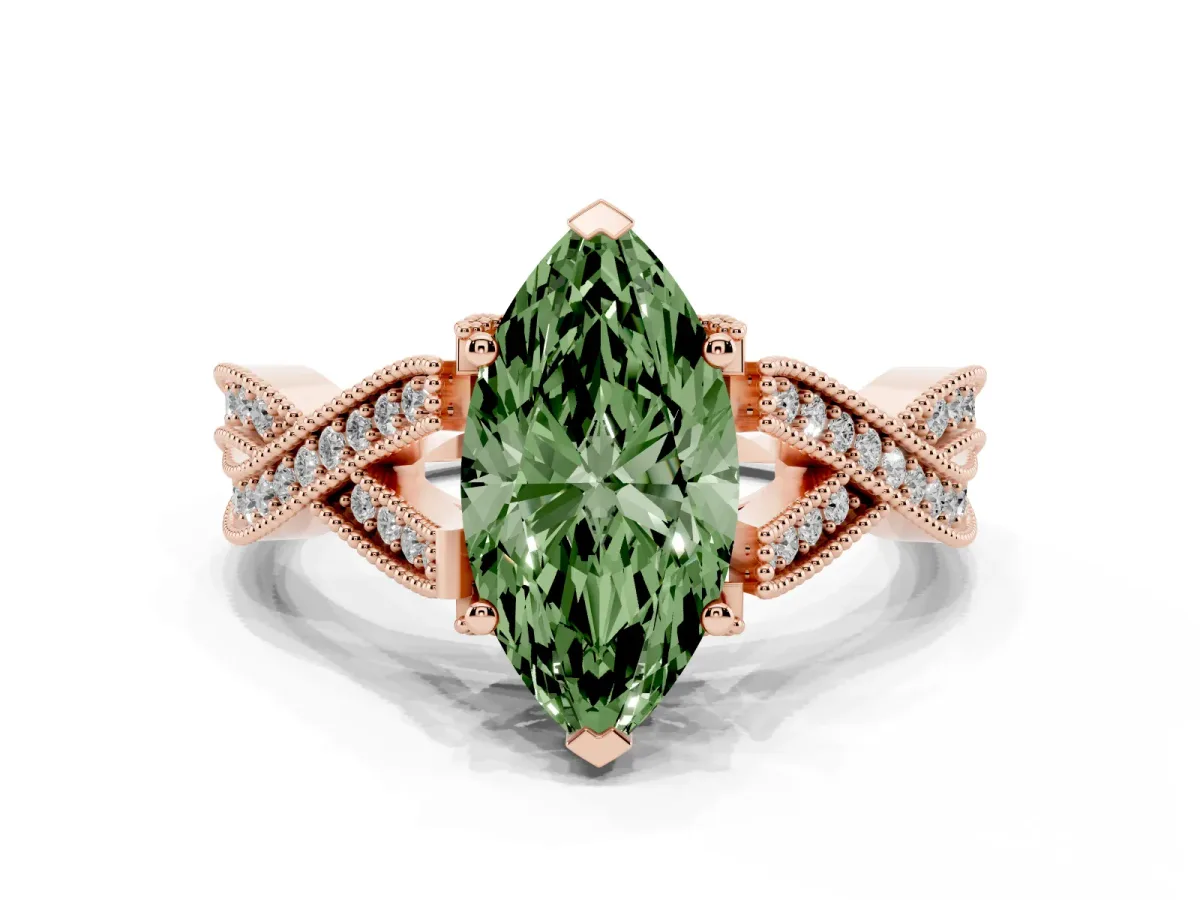 Fancy Green Marquise Cut Cut Diamond Twisted Band with Milgrain Pave Setting and Four-Prong Setting Rose gold