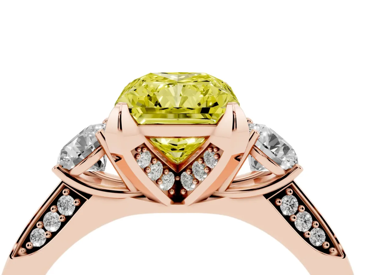 Fancy Yellow Radiant Cut Brilliant Three-Stone Diamond Ring with Pavé Band and Four-Prong Setting Rose gold