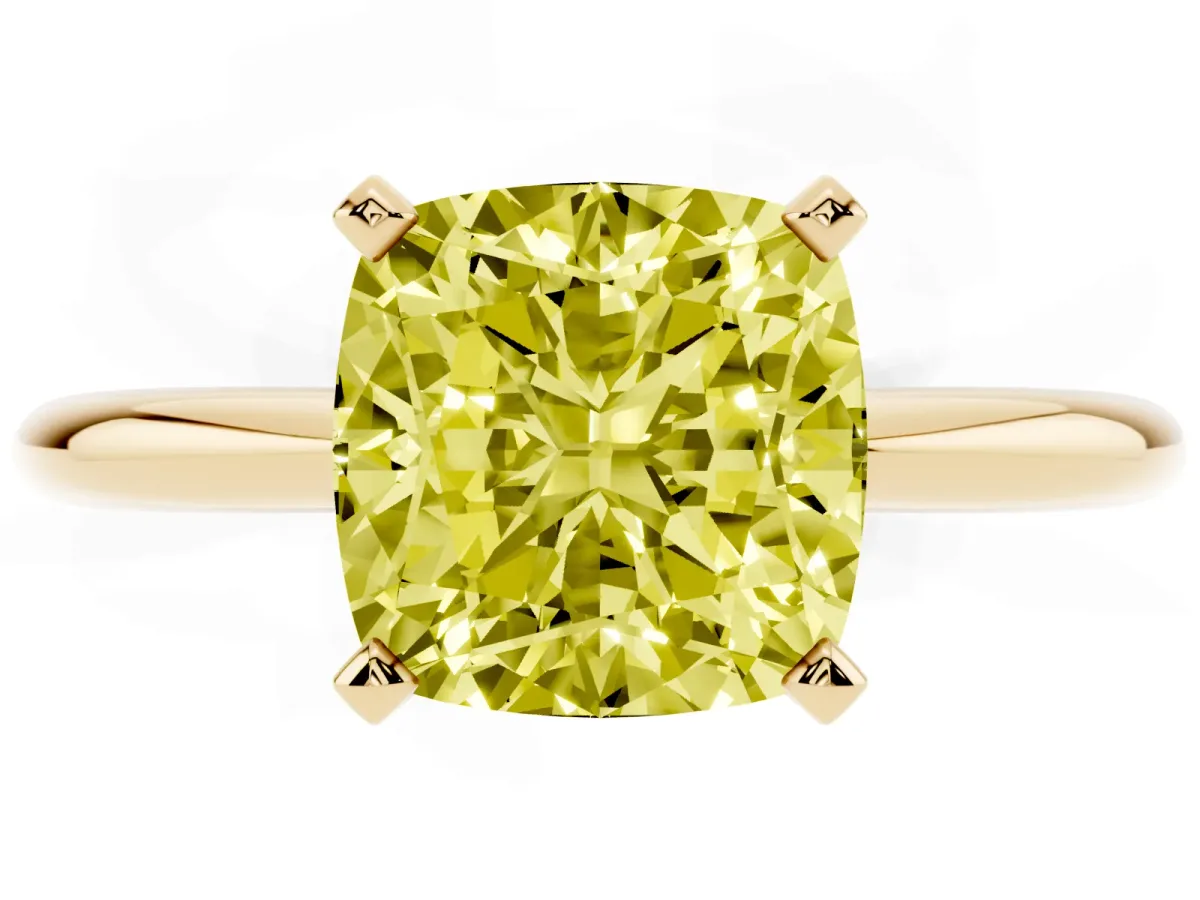 Fancy Yellow Cushion Cut Diamond Solitaire Ring with Prong Setting and Classic Band Yellow gold