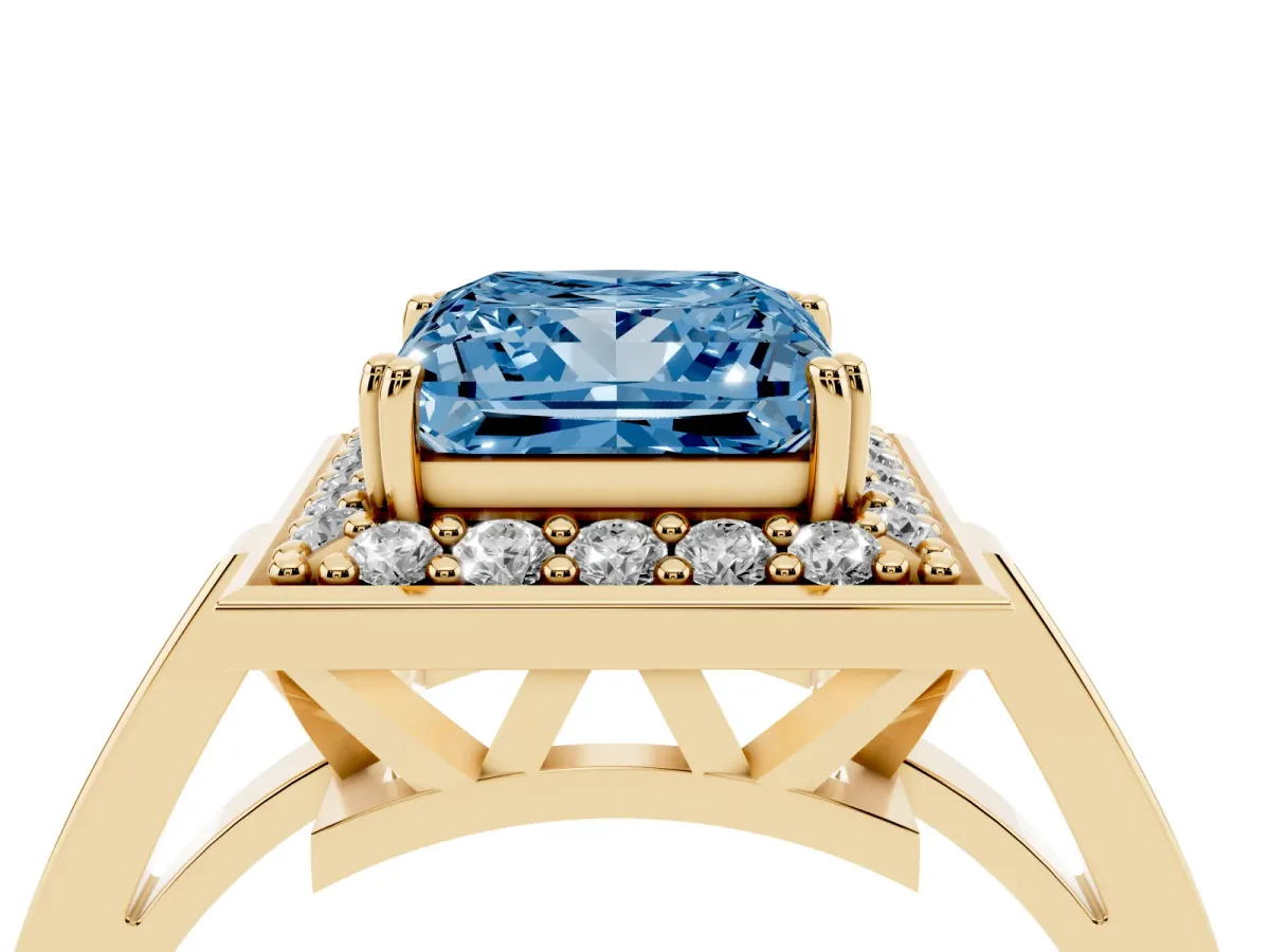Fancy Blue Princess Cut Diamond Halo Ring with Split Shank and Four-Prong Setting Yellow gold