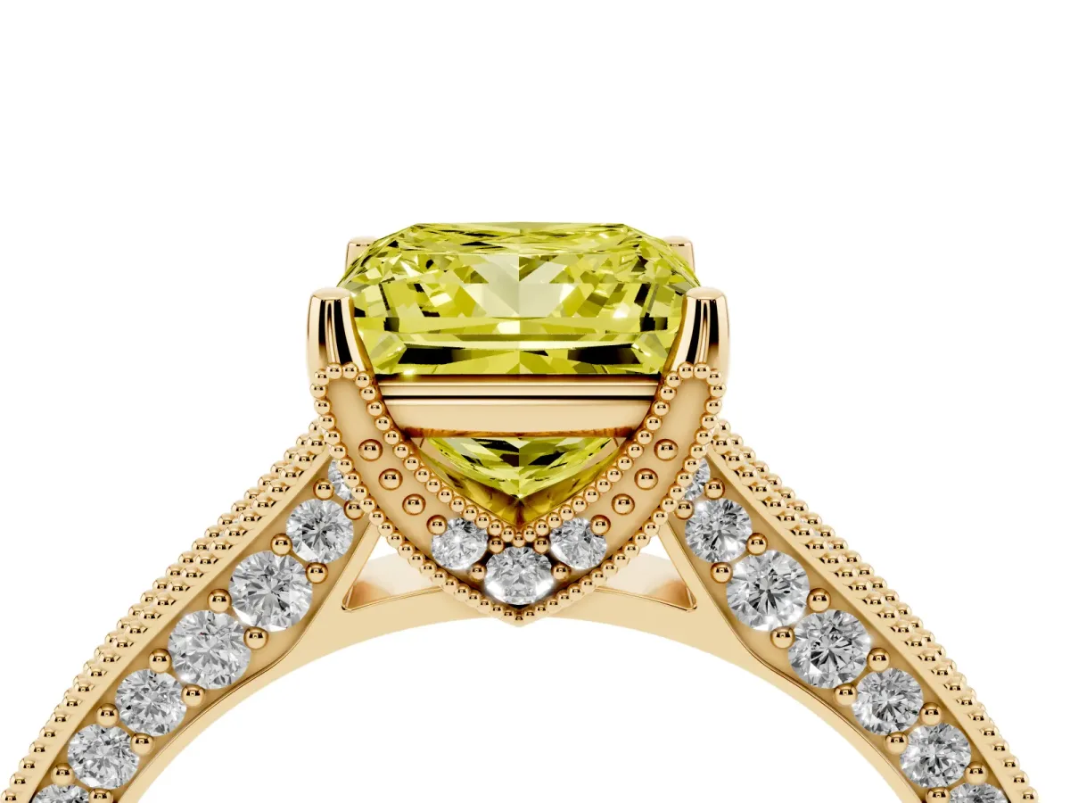 Fancy Yellow Princess Cut Cut Diamond Solitaire Ring with Milgrain Pave Band and Four Prong Setting Yellow gold