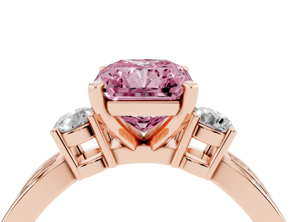 Fancy Pink Three-Stone Radiant Cut Cut Diamond Twist Band with Prong Setting Rose gold
