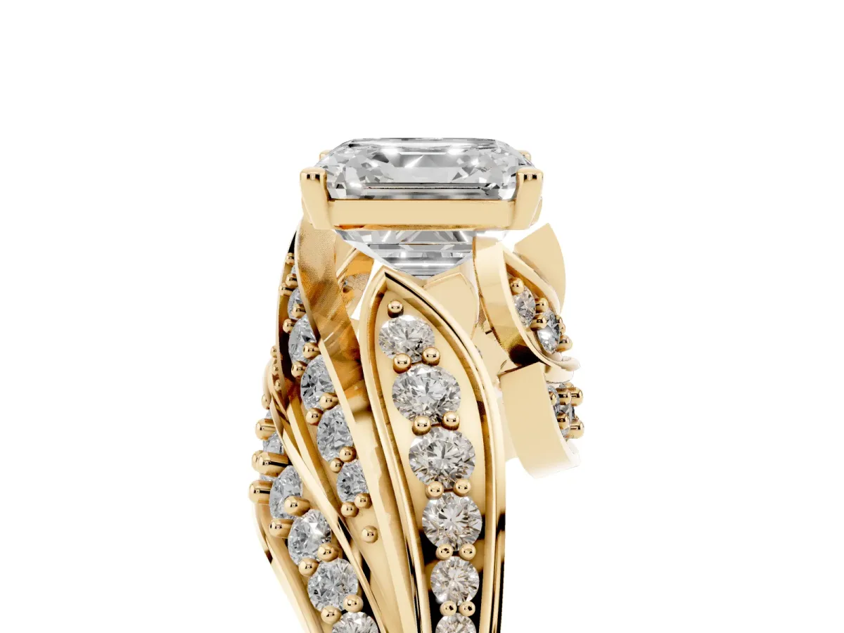 Asscher Cut Diamond Solitaire Ring with Prong Setting and Twisted Pavé Band Yellow gold