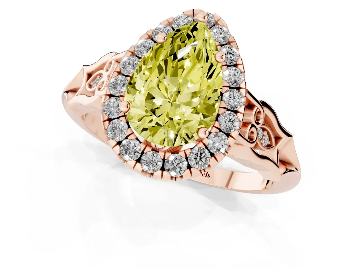 Fancy Yellow Pear Cut Halo Diamond Engagement Ring with Filigree Band and Four-Prong Setting Rose gold