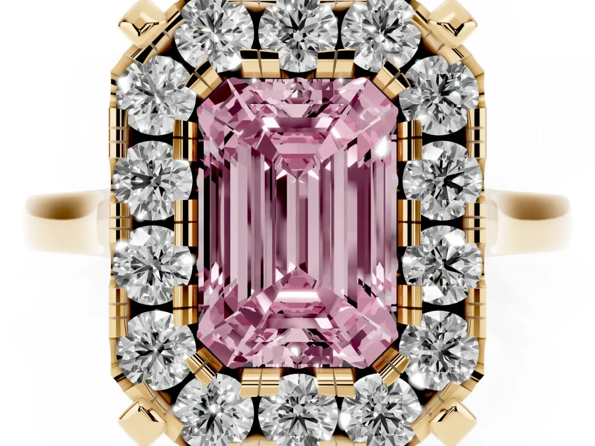 Fancy Pink Emerald Cut Diamond Cluster Halo Solitaire with Four-Prong Setting Yellow gold
