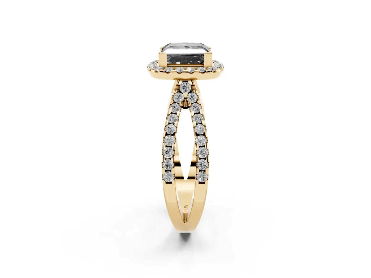 Fancy Black Princess Cut Diamond Halo Ring with Split Shank Pavé Band and Prong Setting Yellow gold