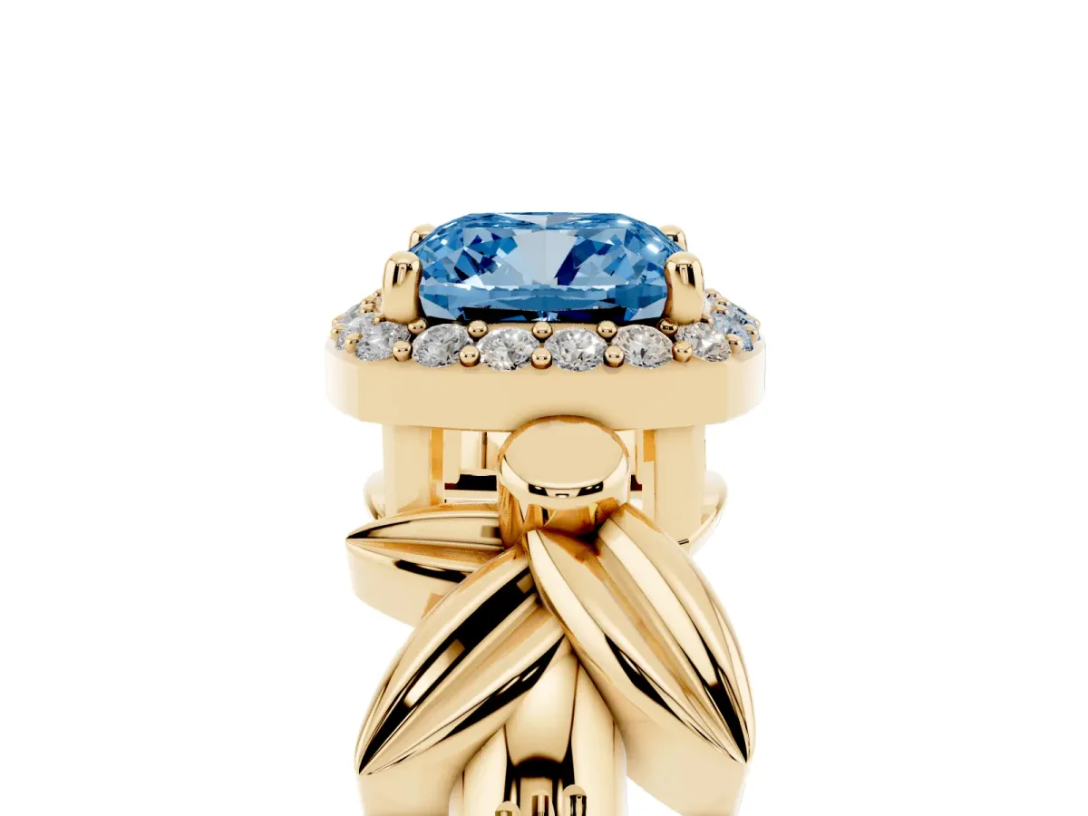 Fancy Blue Cushion Cut Halo Diamond Floral Band with Four-Prong Setting Yellow gold