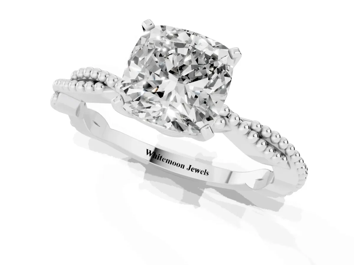 Cushion Cut Solitaire Twisted Band with Bead Prong Setting Platinum