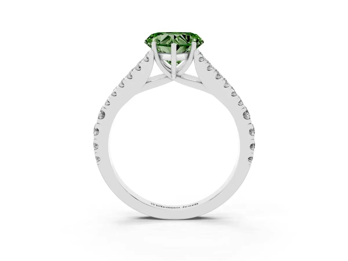 Fancy Green Heart Cut Diamond Split Shank Pavé Engagement Ring with Four-Prong Setting Platinum