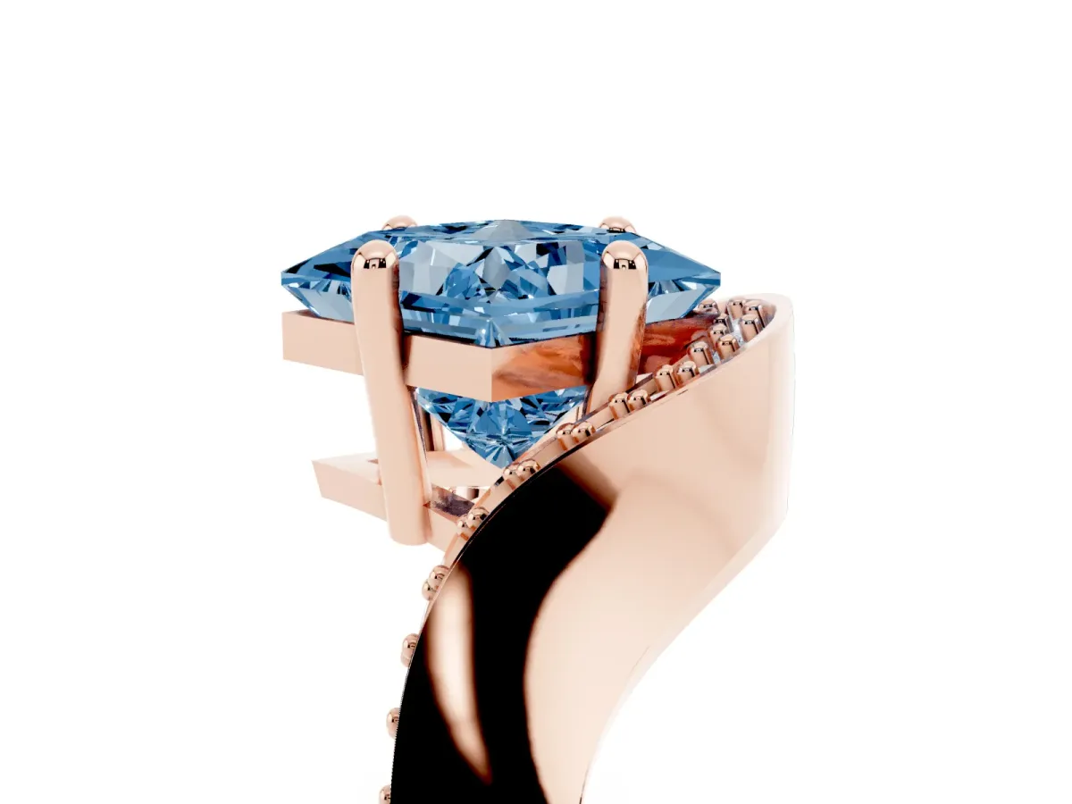 Fancy Blue Princess Cut Solitaire Diamond Engagement Ring with Pave Band and Four-Prong Setting Rose gold