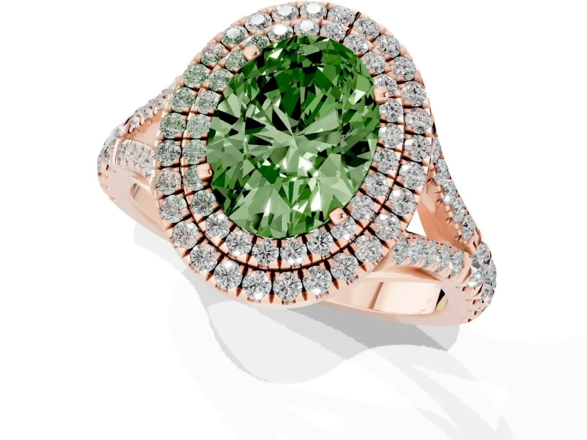 Fancy Green Oval Cut Cut Double Halo Split Shank Diamond Ring with Prong Setting Rose gold