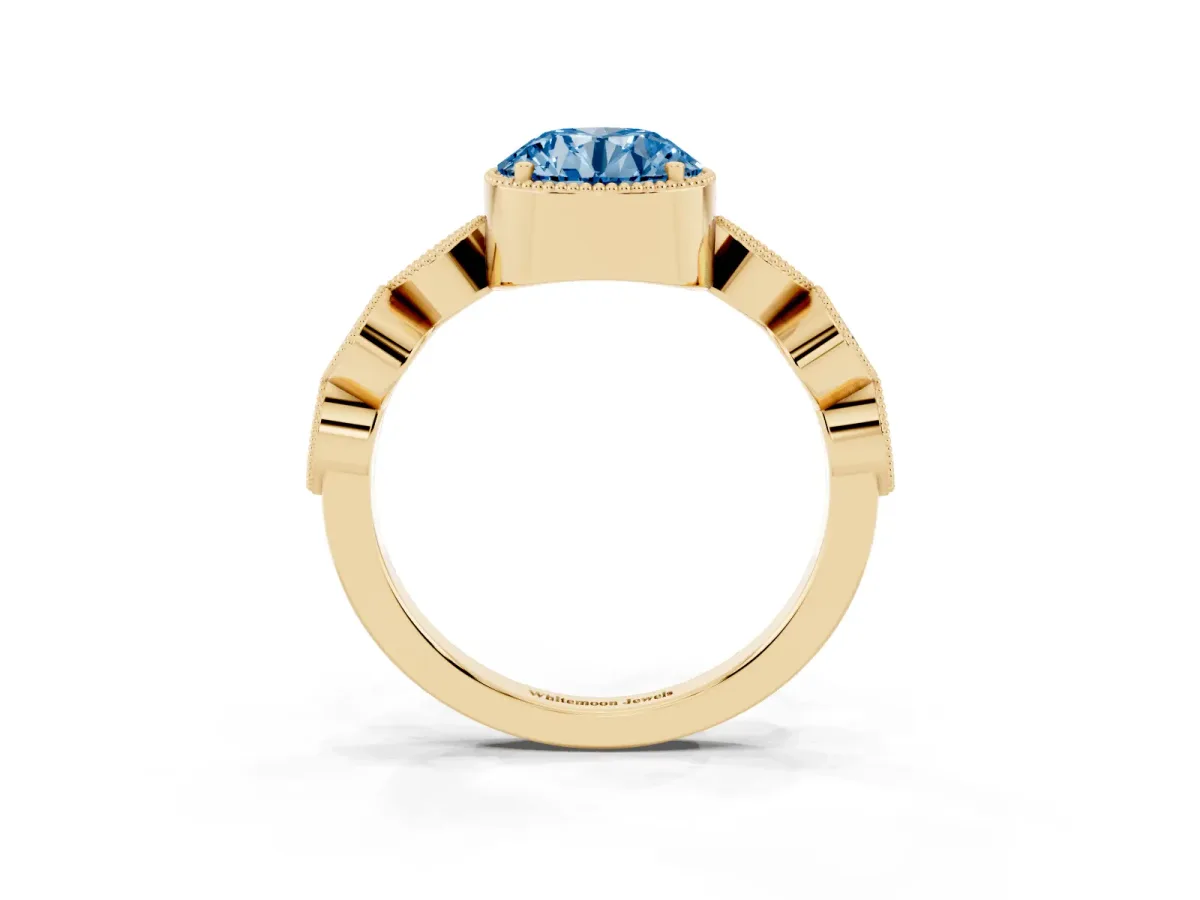 Fancy Blue Round Cut Diamond Vintage Milgrain Ring with Round Stations Yellow gold
