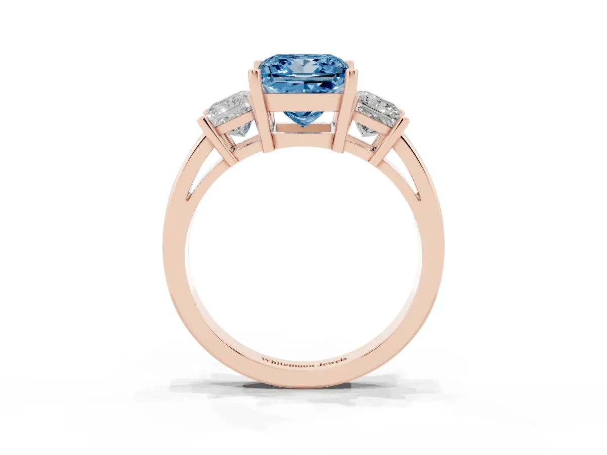 Fancy Blue Three-Stone Princess Cut Cut Solitaire Ring with Prong Setting Rose gold