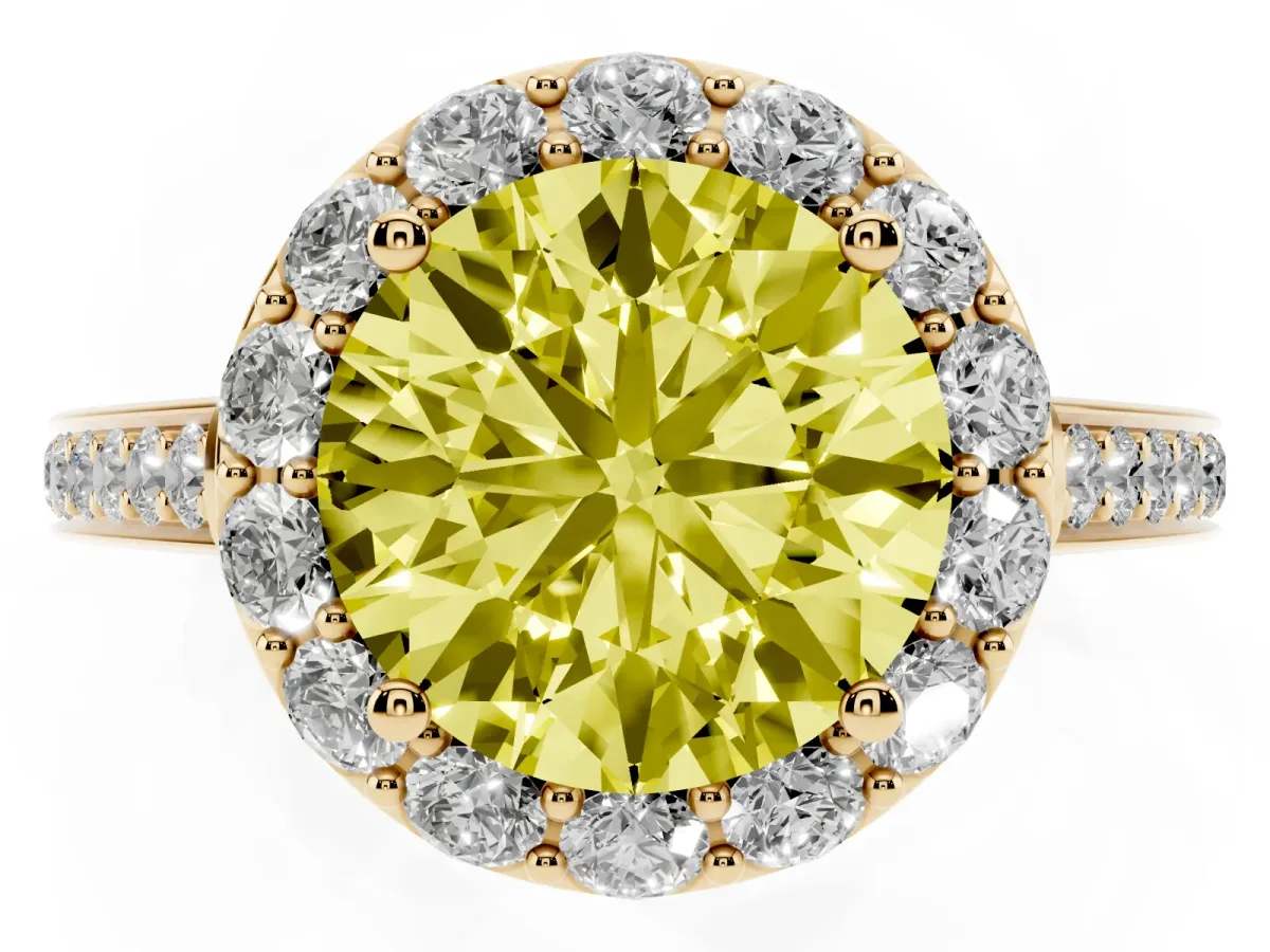 Fancy Yellow Round Cut Diamond Floral Halo Ring with Pavé Band and Prong Setting Yellow gold