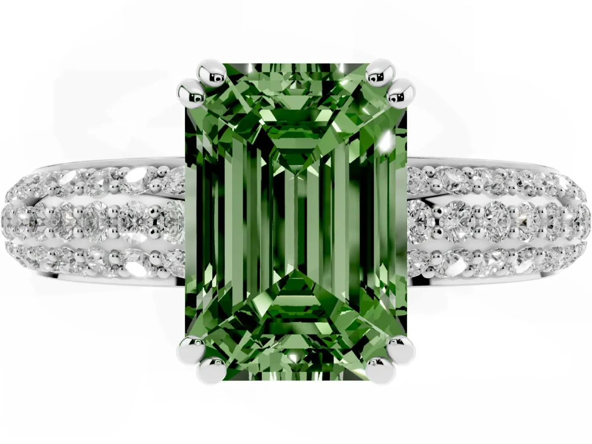 Fancy Green Emerald Cut Diamond Solitaire Ring with Multi-Row Round Pavé Band and Prong Setting Silver