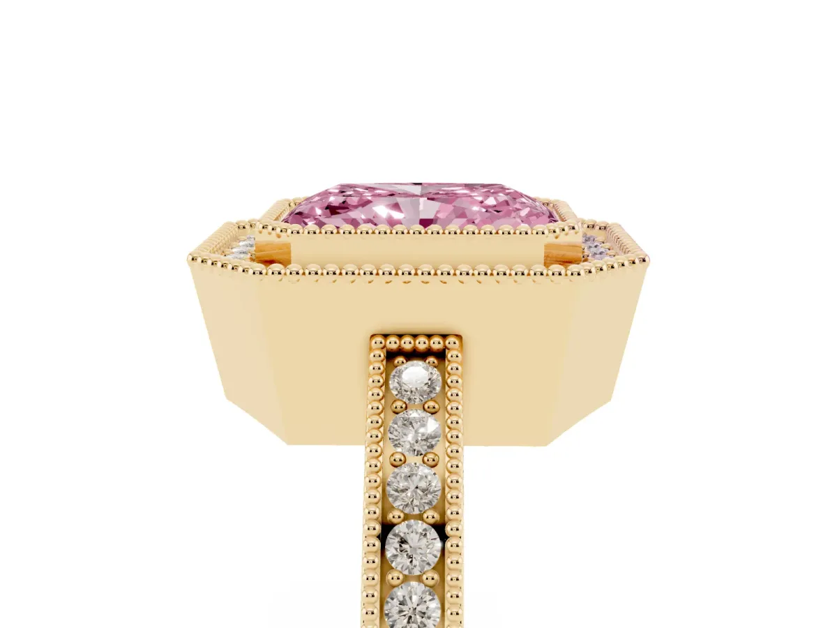 Fancy Pink Radiant Cut Cut Halo Diamond Ring with Pavé Band and Milgrain Prong Setting Yellow gold