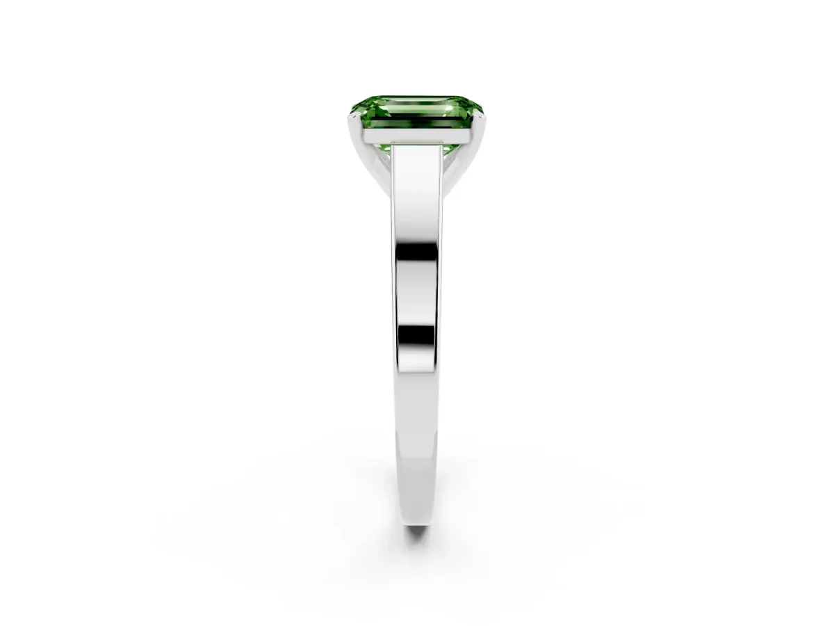 Fancy Green Emerald Cut Solitaire Engagement Ring with Four-Prong Setting and Tapered Band Silver