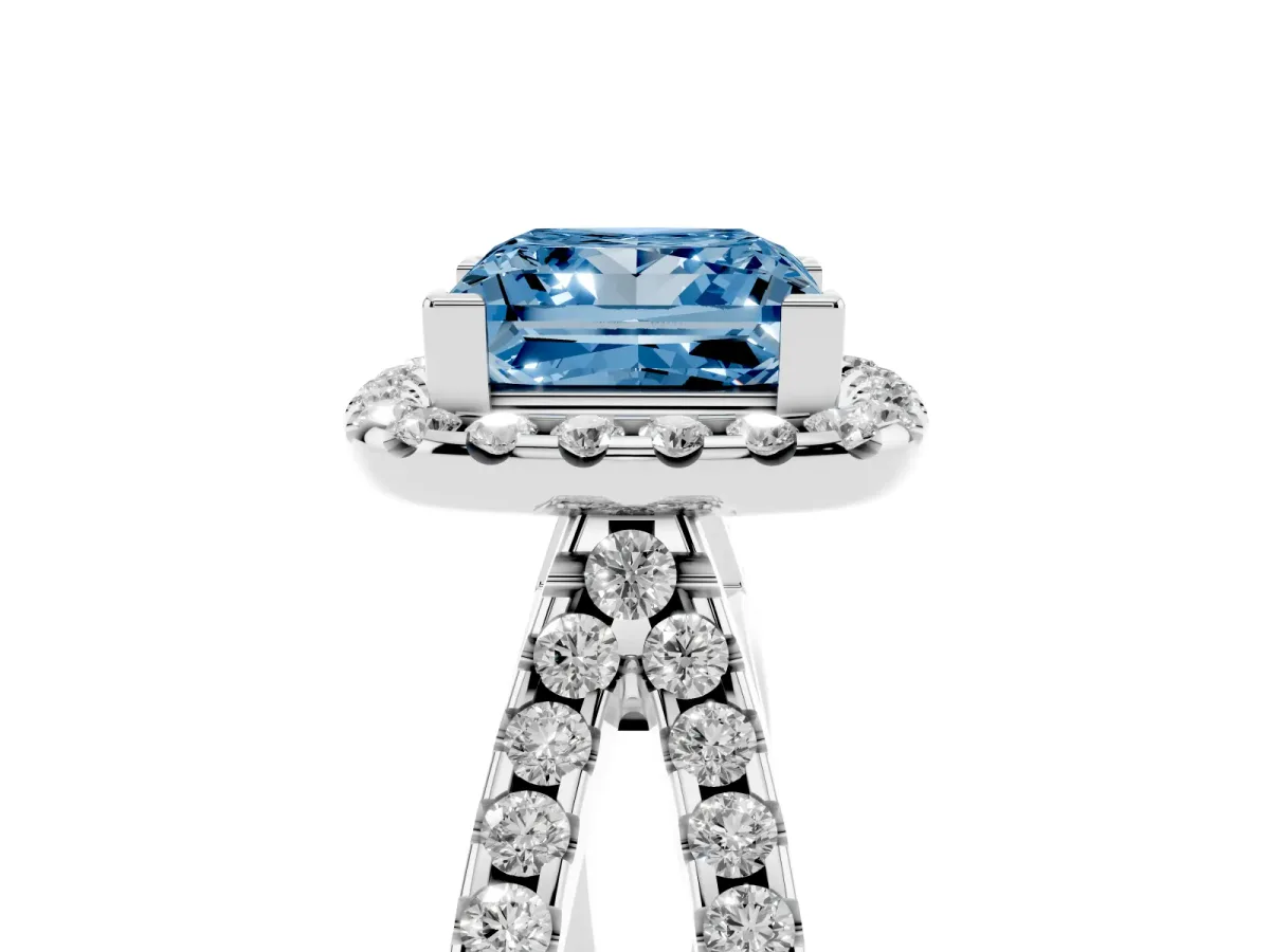 Fancy Blue Princess Cut Diamond Halo Ring with Split Shank Pavé Band and Prong Setting Silver