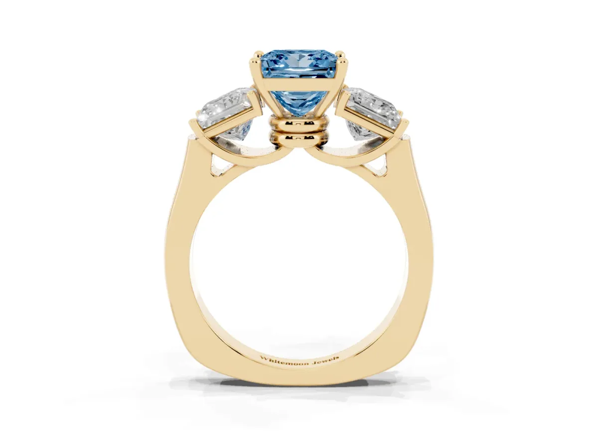 Fancy Blue Three-Stone Princess Cut Brilliant Diamond Trellis Ring with Comfort Fit Band Yellow gold
