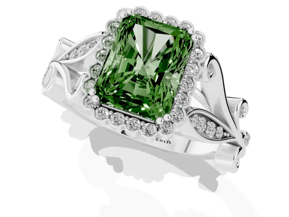 Fancy Green Radiant Cut Diamond Halo Ring with Vintage Split Shank and Four-Prong Setting Silver