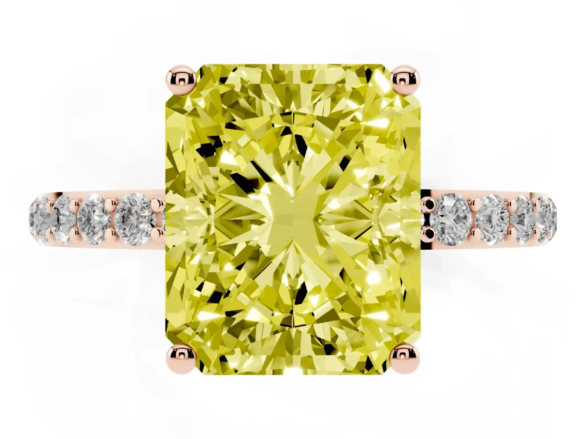 Fancy Yellow Radiant Cut Diamond Solitaire Ring with Round Pavé Shoulders and Prong Setting Rose gold