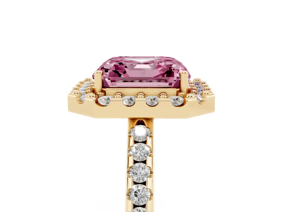 Fancy Pink Asscher Cut Diamond Pavé Halo Ring with Four-Prong Setting Yellow gold