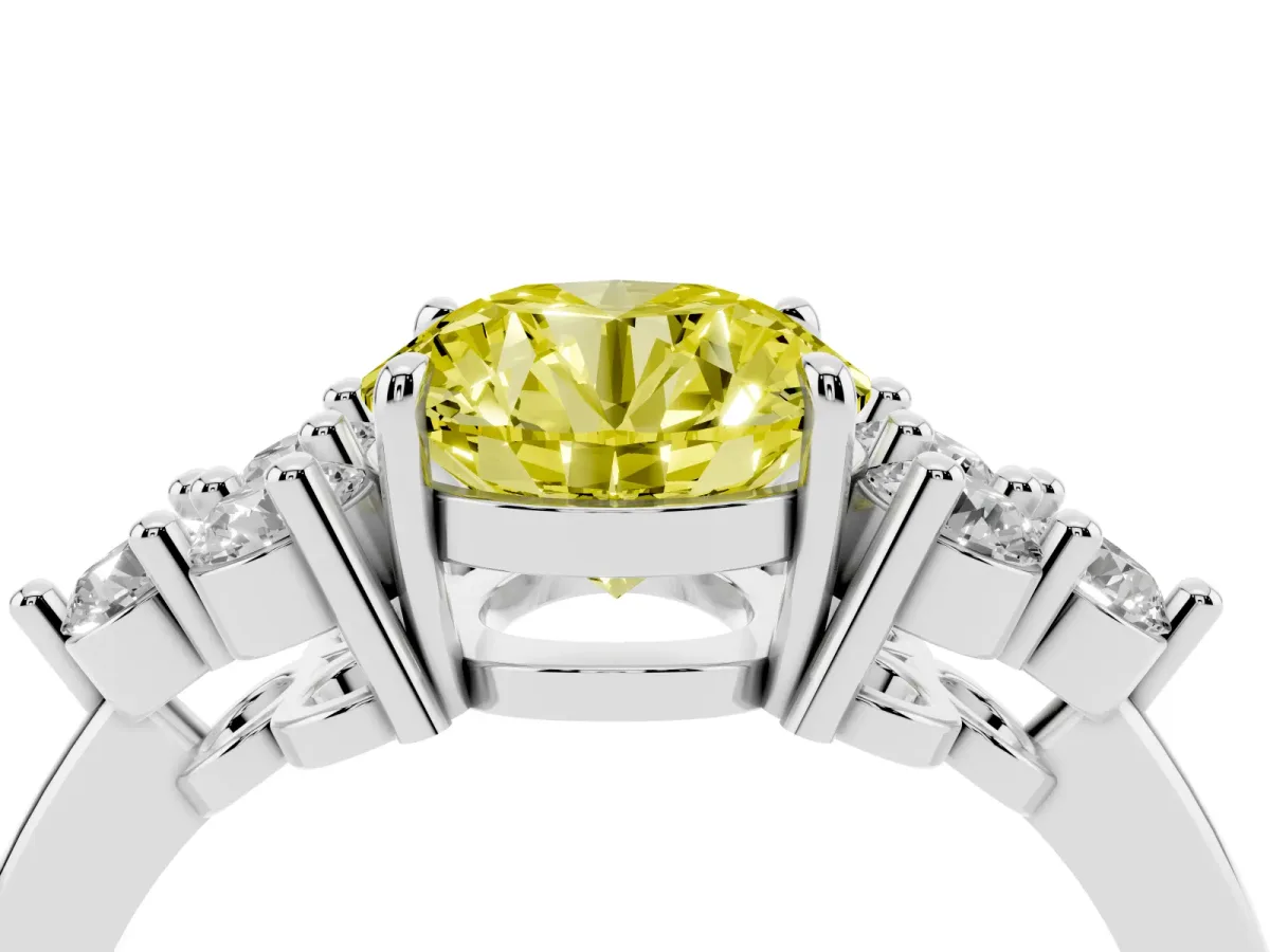 Fancy Yellow Round Cut Brilliant Diamond Cluster Accent Solitaire Ring with Prong Setting White gold