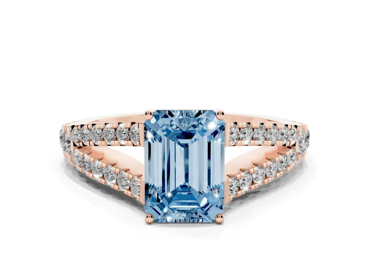 Fancy Blue Emerald Cut Diamond Split Shank Pavé Engagement Ring with Four-Prong Setting Rose gold