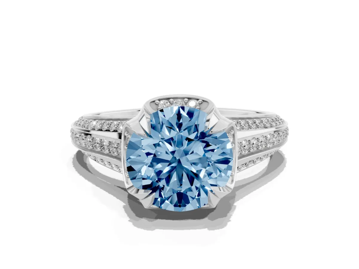 Fancy Blue Round Cut Solitaire Pave Split Shank Ring with Four-Prong Setting Platinum