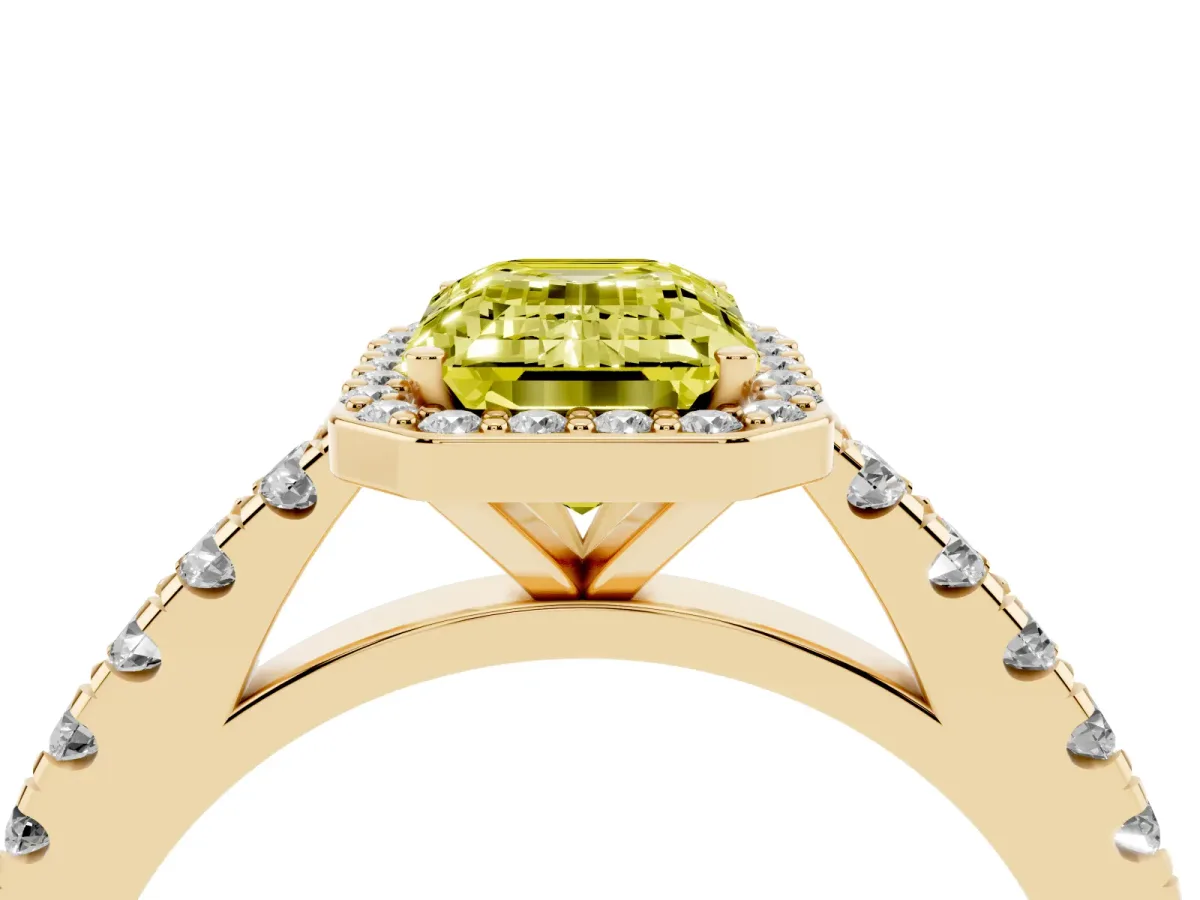 Fancy Yellow Emerald Cut Cut Halo Diamond Engagement Ring with Pave Band and Four-Prong Setting Yellow gold