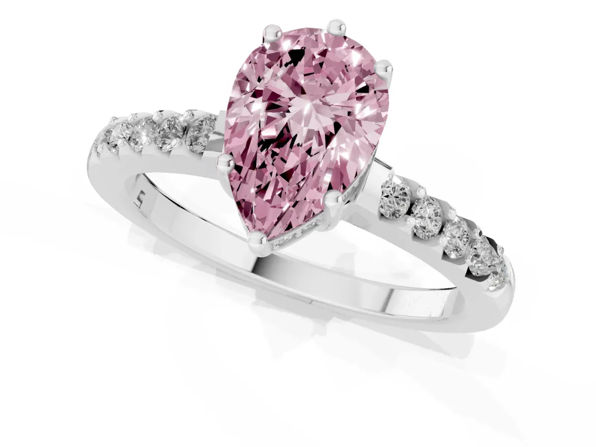 Fancy Pink Pear Cut Solitaire Diamond Engagement Ring with Pavé Band and Six-Prong Setting White gold