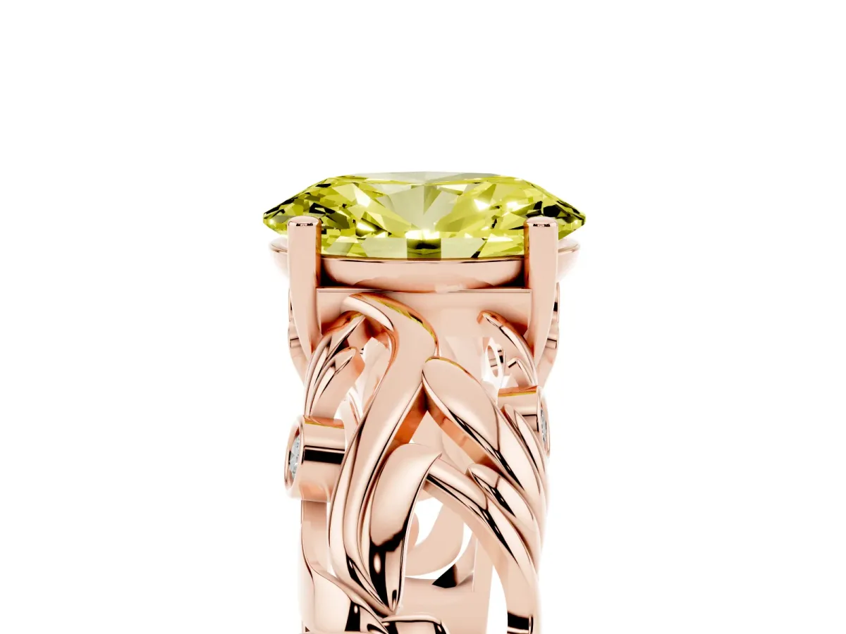 Fancy Yellow Oval Cut Solitaire Diamond Leaf-Inspired Vine Band Ring with Prong Setting Rose gold