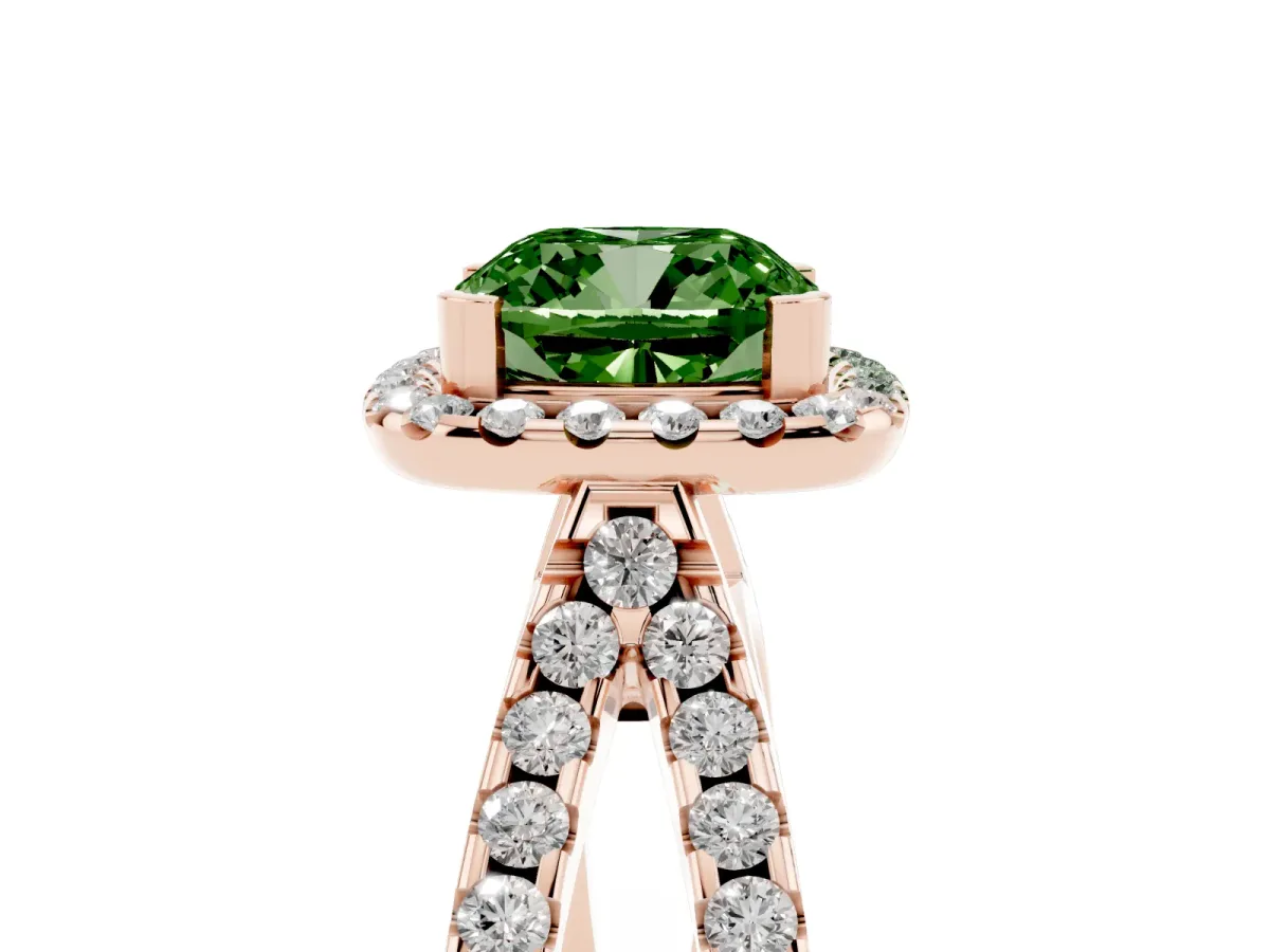 Fancy Green Cushion Cut Diamond Halo Ring with Split Shank Pavé Band and Prong Setting Rose gold