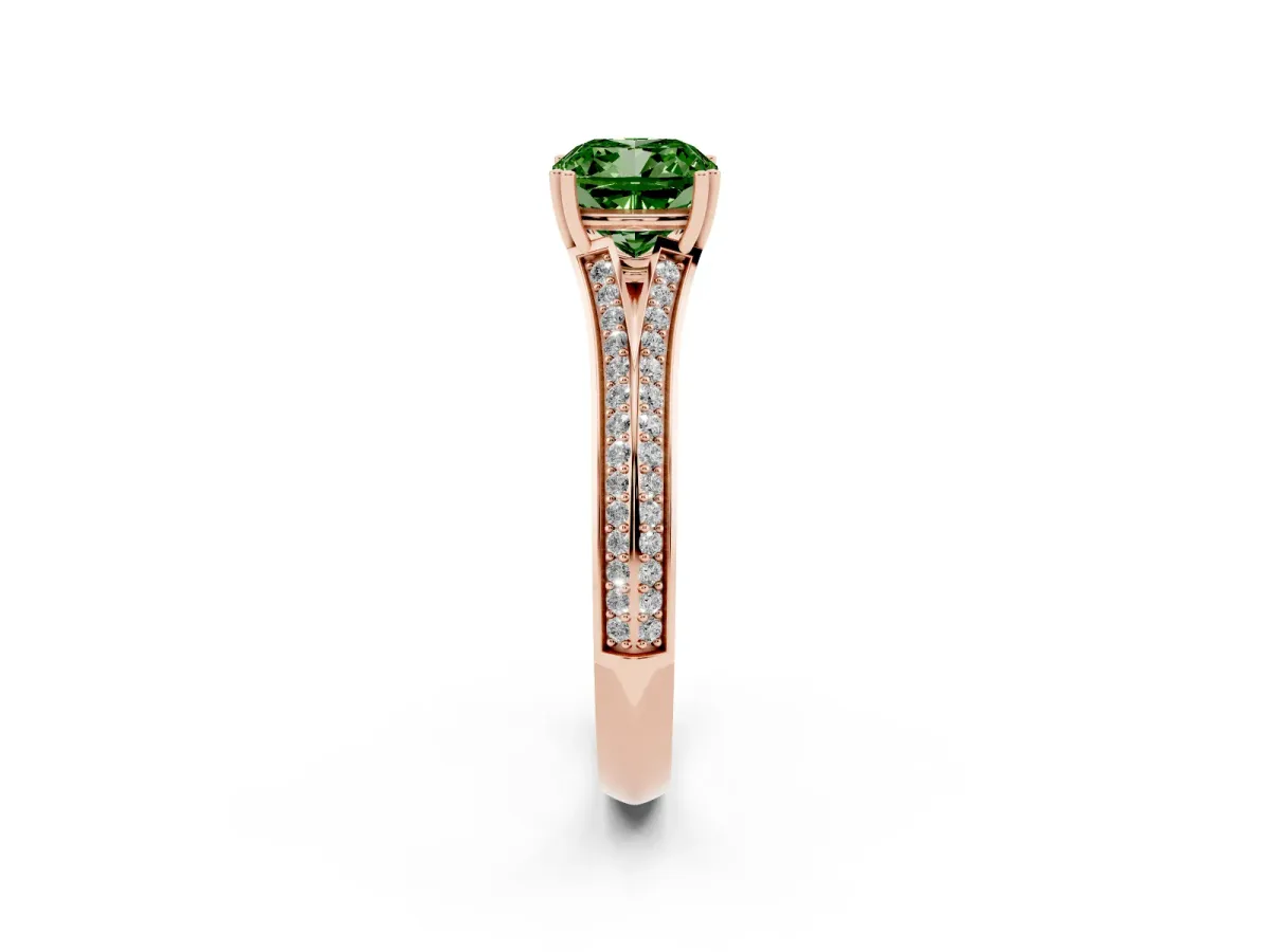 Fancy Green Cushion Cut Diamond Split Shank Engagement Ring with Pavé Band Rose gold