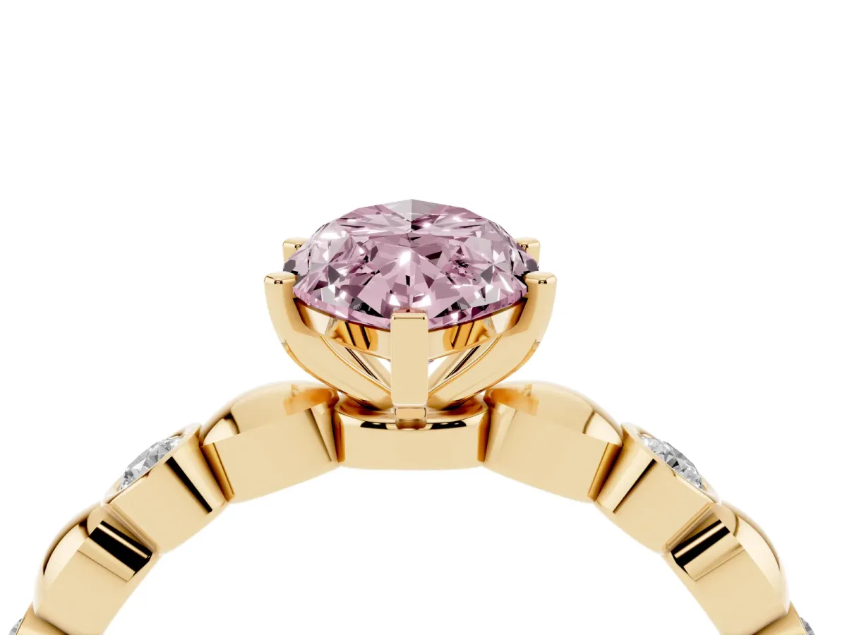 Fancy Pink Marquise Cut Solitaire Bezel-Set Diamond Ring with Beaded Band and Four-Prong Setting Yellow gold