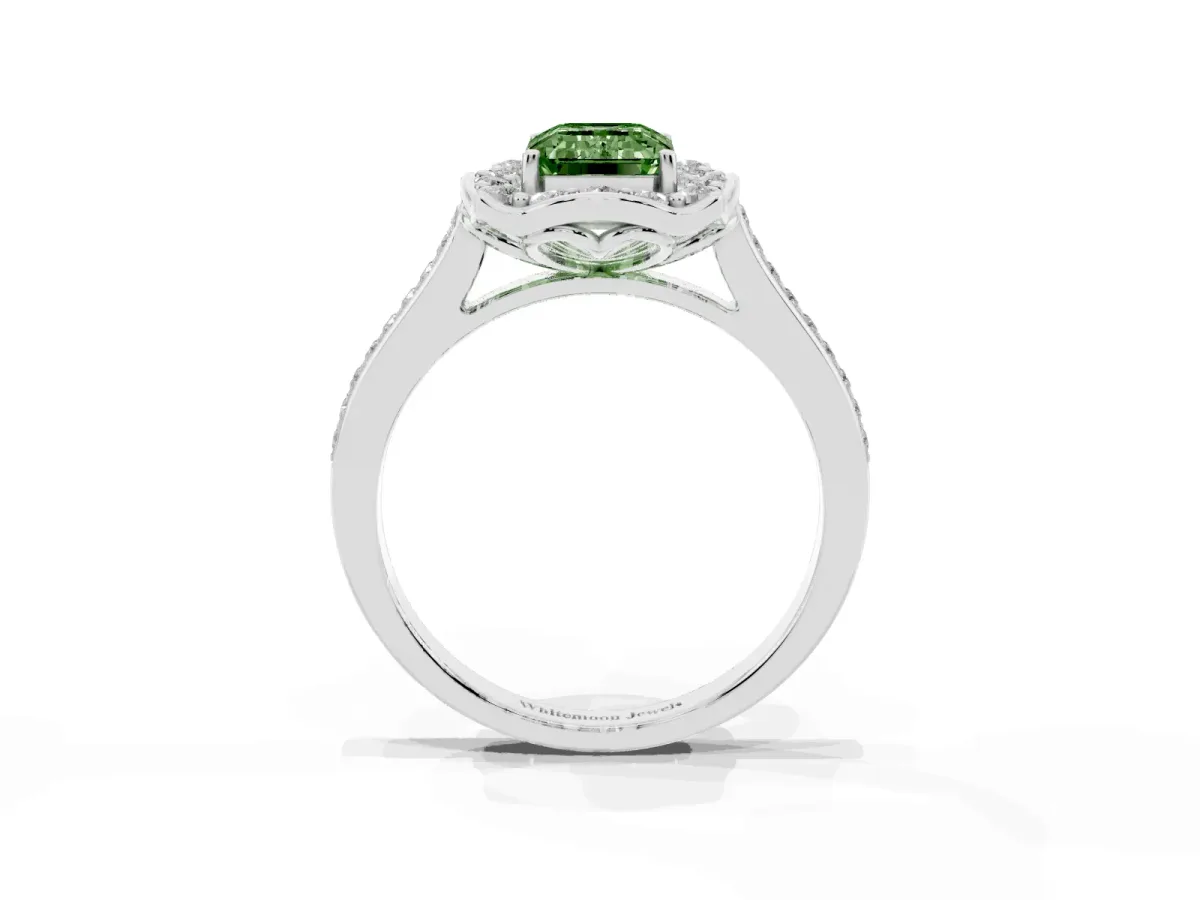 Fancy Green Emerald Cut Halo Round Diamond Pave Band with Four-Prong Setting Silver