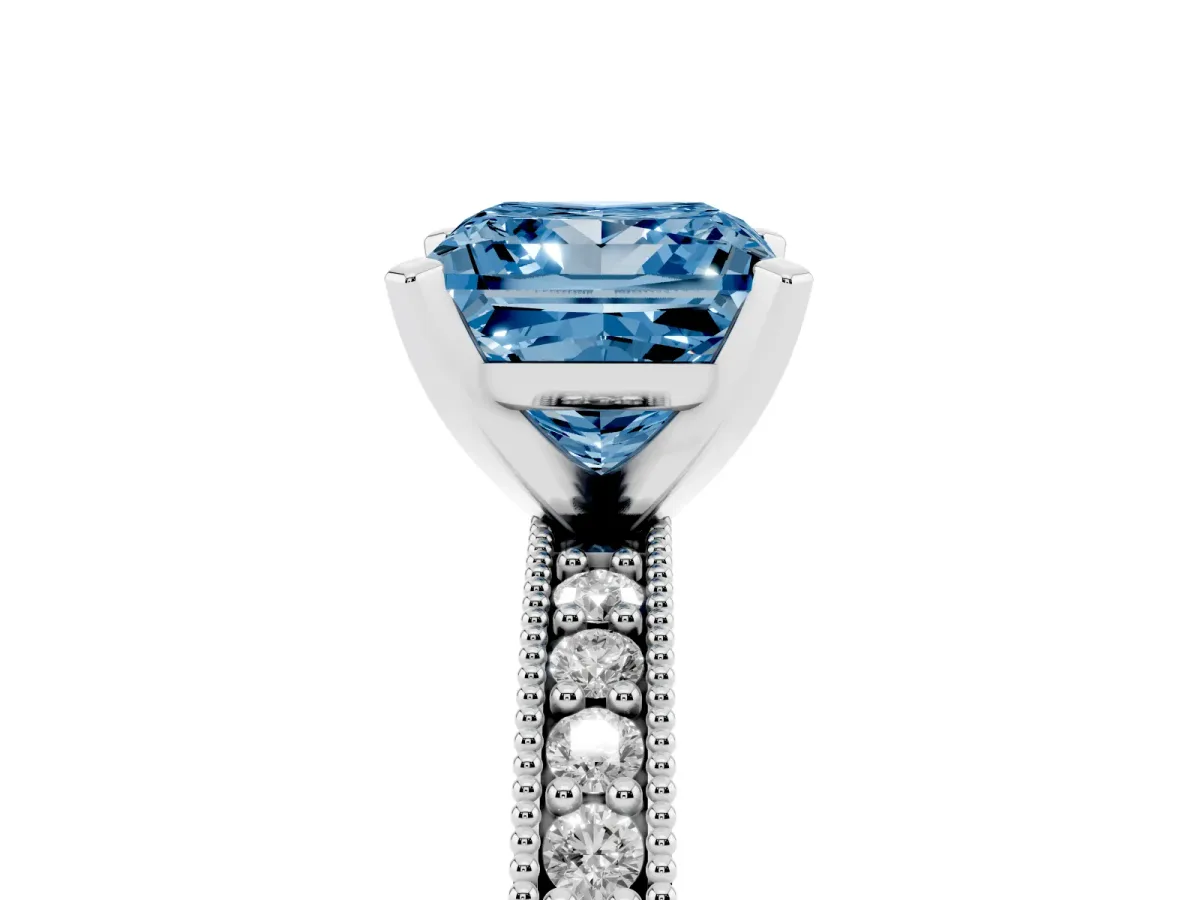 Fancy Blue Princess Cut Diamond Milgrain Pavé Engagement Ring with Four-Prong Setting Silver