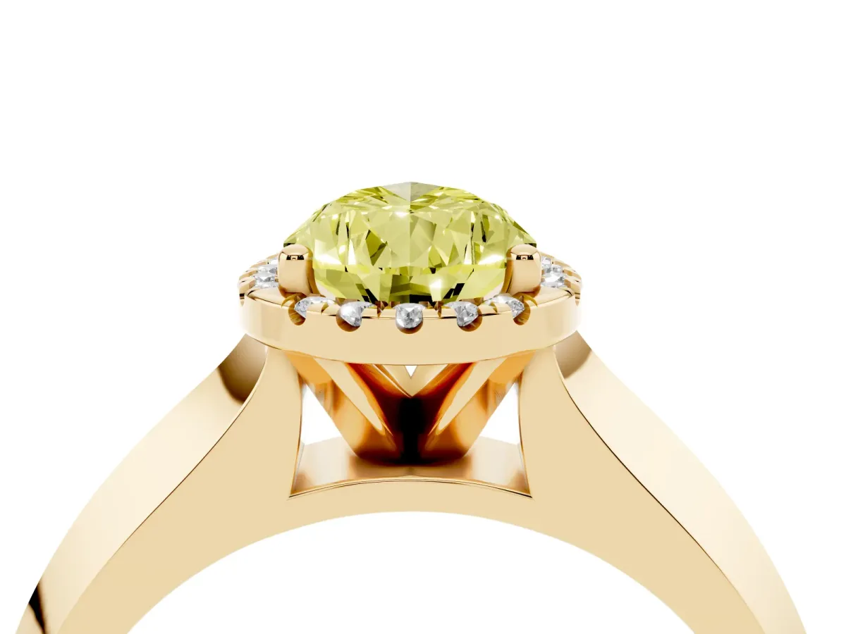 Fancy Yellow Pear Cut Halo Diamond Ring with Cathedral Band and Four-Prong Setting Yellow gold