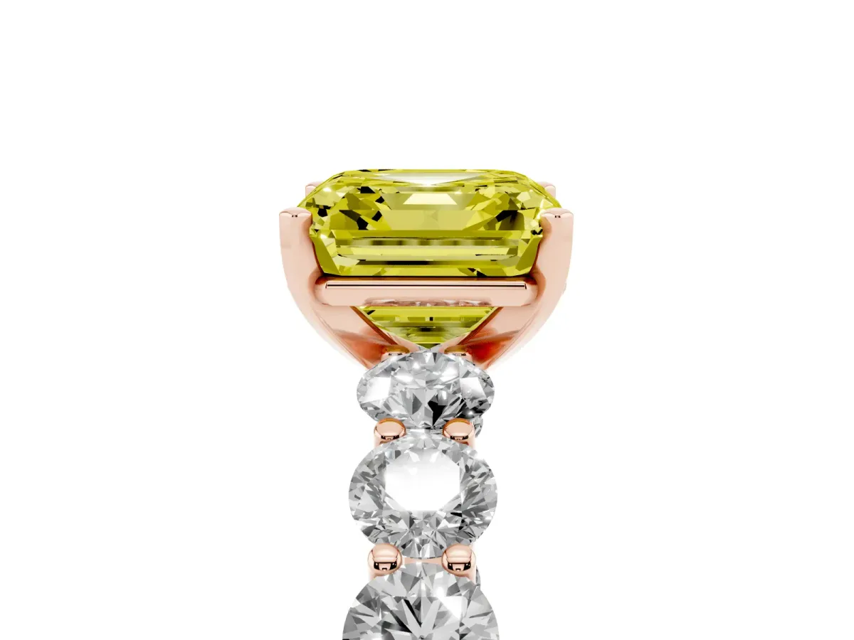 Fancy Yellow Asscher Cut Diamond Prong Setting with Side Stones on a Pave Band Rose gold