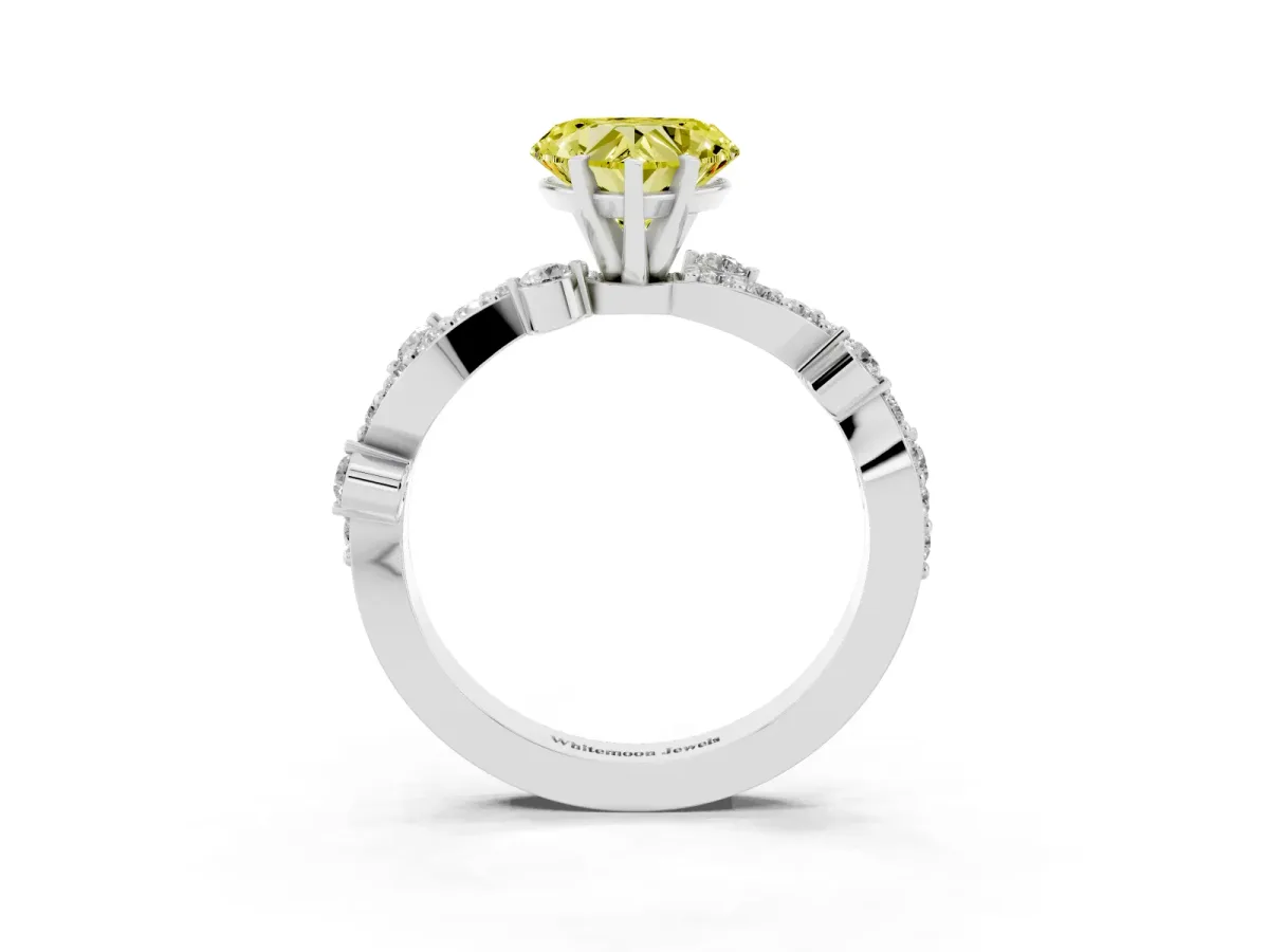 Fancy Yellow Heart Cut Cut Solitaire Diamond Twisted Band with Pave Setting Platinum