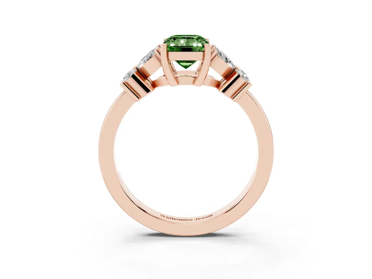 Fancy Green Emerald Cut Diamond Floral Cluster Ring with Solitaire Band and Prong Setting Rose gold