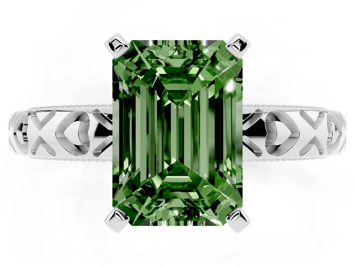 Fancy Green Emerald Cut Solitaire Diamond Engagement Ring with XO Engraved Band and Four-Prong Setting Platinum