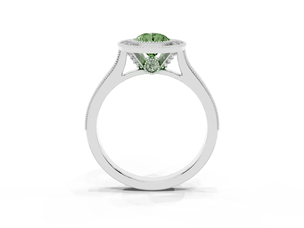 Fancy Green Halo Pear Cut-Cut Diamond Pave Band Milgrain Prong Setting Ring Platinum