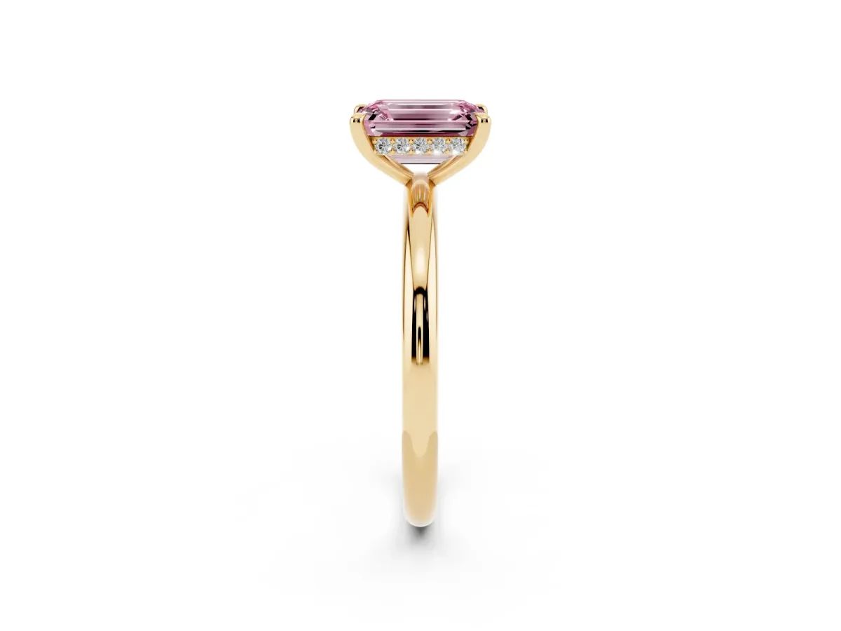 Fancy Pink Emerald Cut Diamond Solitaire Ring with Thin Band and Four-Prong Setting Yellow gold