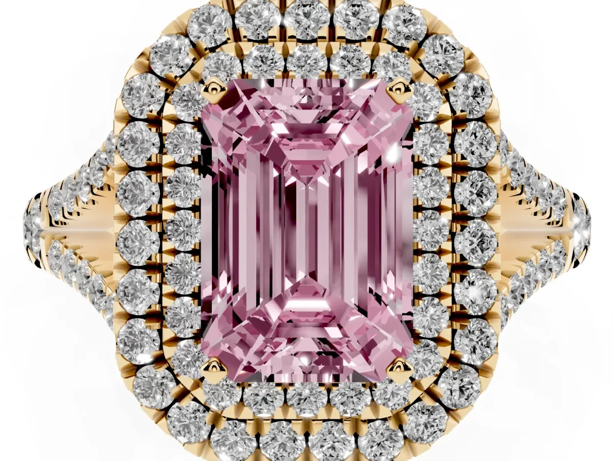 Fancy Pink Emerald Cut Diamond Pavé Split Shank Double Halo Engagement Ring Yellow gold